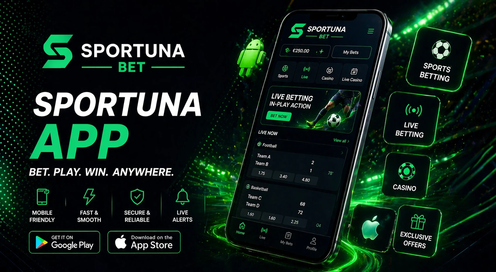 Sportuna App Banner mit Smartphone-Schnittstelle, Wettfunktionen und neongrünen Elementen auf dunklem Hintergrund