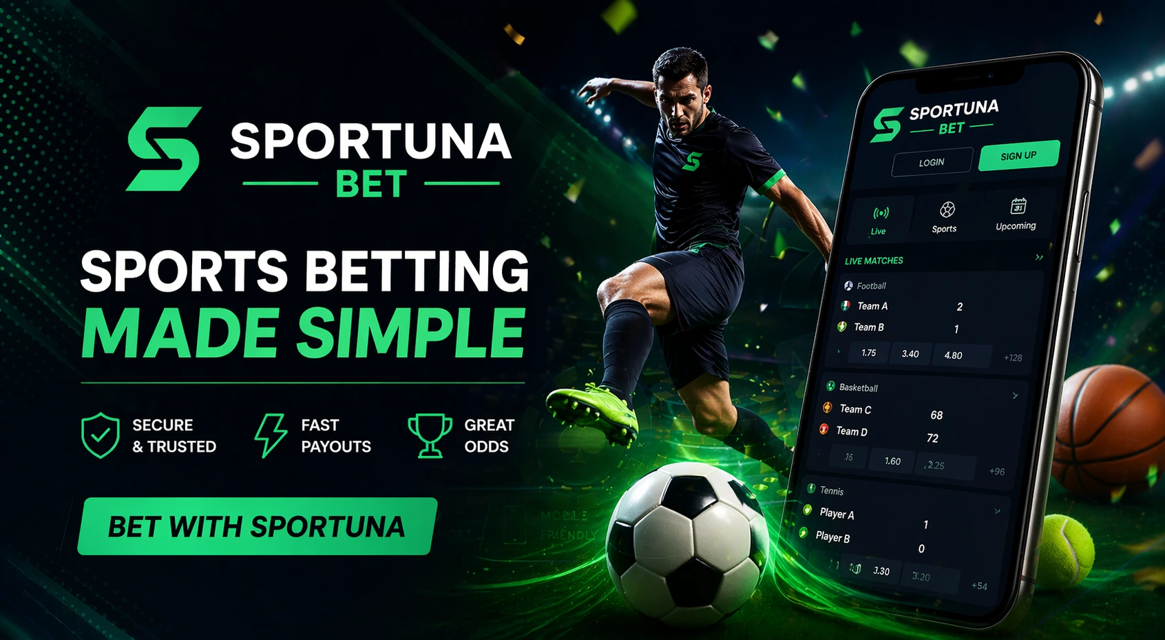 Sportuna Bet Banner mit Fußballspieler, Smartphone-Wett-App und Sportbällen auf einem dunkelgrünen Neon-Hintergrund