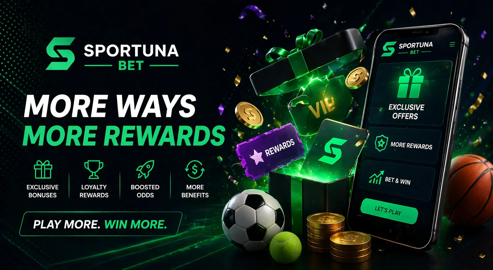Sportuna Bonus Banner mit einer Geschenkbox, Münzen und einer mobilen App, die Belohnungen und Angebote auf einem dunklen, neongrünen Hintergrund zeigt