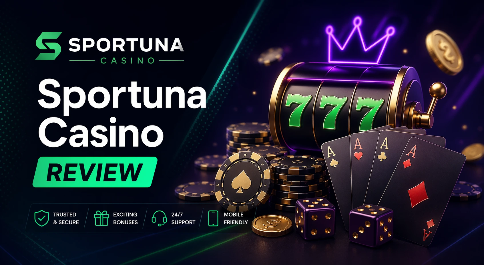 Sportuna Casino Bewertung — Banner mit einem Spielautomaten, Jetons und Spielkarten auf dunklem Hintergrund