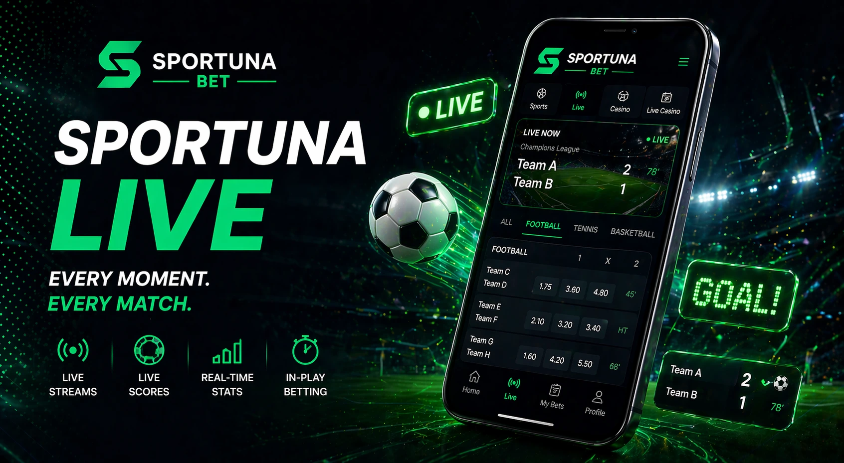 Sportuna Live Banner mit Fußball, Live-Ergebnissen und Wettschnittstelle auf einem neongrünen Stadionhintergrund