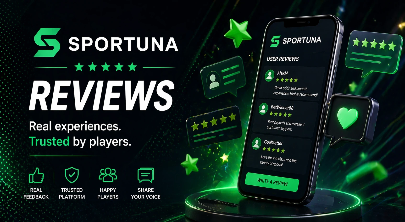 Sportuna Bewertungen Banner mit einem Smartphone, das Nutzerfeedback, Sternebewertungen und Chat-Symbole auf einem dunkel-neongrünen Hintergrund zeigt